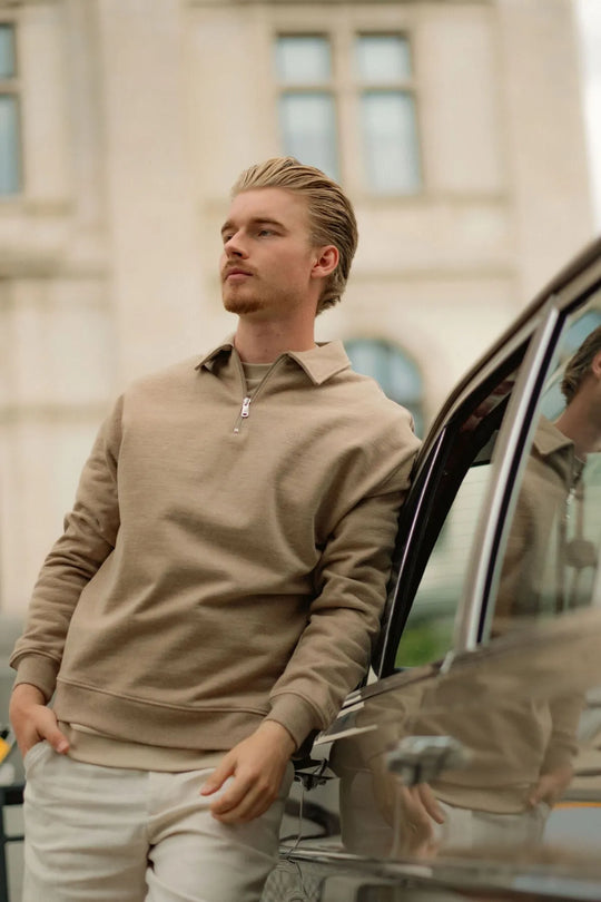 Essential Zip Sweater | Camel Melange