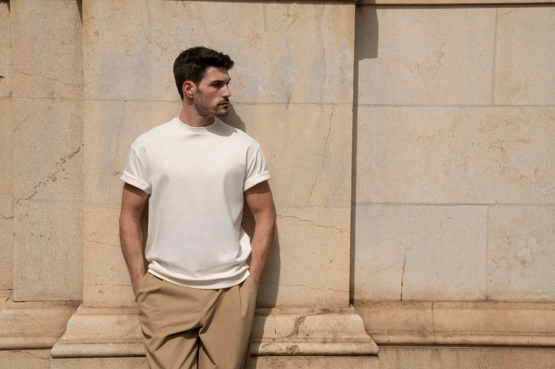 Man wearing the White Smoke Freedom Fit Tee with rolled sleeves and light trousers